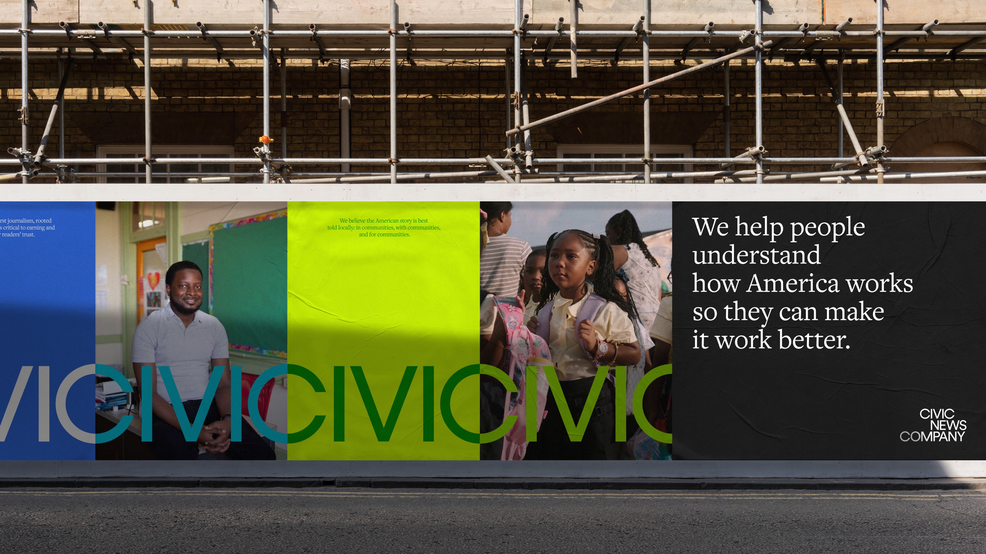 A photo of a Civic News Company out of home wall of branded posters